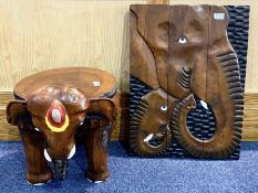 An African Wooden Carved Side Table in the Form of an Elephant, painted colours to face,