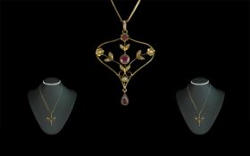Edwardian Period 1902 - 1910 9ct Gold Open Worked Amethyst and Seed Pearl Set Pendant,