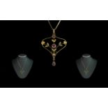 Edwardian Period 1902 - 1910 9ct Gold Open Worked Amethyst and Seed Pearl Set Pendant,