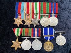 Mixed Collection of WWII Medals, including five on a bar, three on a bar, single Defence Medal,