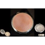 Art Deco Period Pink Enamel and Sterling Silver Compact Case of Circular Form with Full Hallmark.