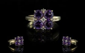 Ladies Attractive 9ct Gold Amethyst & Diamond Set Ring, pleasing design.