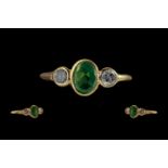 18ct Gold Attractive 3 Stone Emerald and Diamond Set Ring full hallmarks to interior of shank.