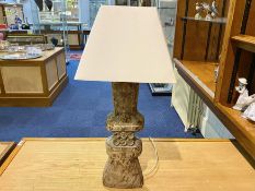 Heavy Stone Based Aztec Style Lamp, with cream shade. Lamp base approx. 22", overall height 30".