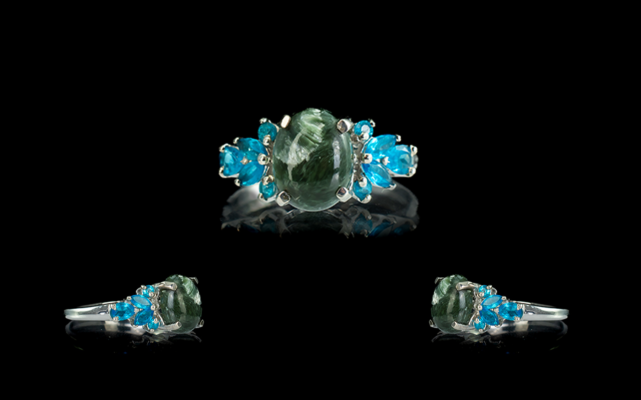 Siberian Seraphinite and Neon Apatite Ring, two of the most unusual gemstones in one ring; a 2.