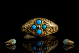 Antique Period - Attractive 22ct Gold Turquoise Set Cluster Ring, In Superb Ornate Chased Setting.