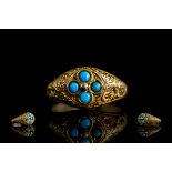 Antique Period - Attractive 22ct Gold Turquoise Set Cluster Ring, In Superb Ornate Chased Setting.