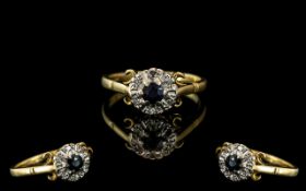 Ladies 18ct Yellow Gold Sapphire And Diamond Set Cluster Ring, Flowerhead Setting Full Hallmark