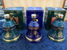 Three Bells Scotch Whisky Decanters with Contents, celebrating Christmas 1992 and Christmas 1993,