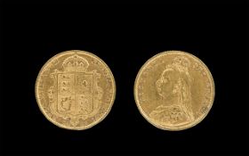 Queen Victoria 22ct Gold Shield Back Young Head Half Sovereign - Date 1892.