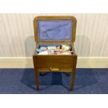 Mid-Century Oak Sewing Box, with hinged top, silk lined interior above a single drawer,