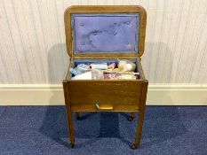 Mid-Century Oak Sewing Box, with hinged top, silk lined interior above a single drawer,