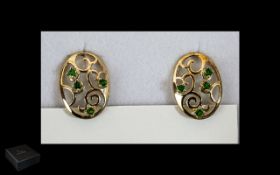 Lucy Q Designer Russian Diopside Earrings, large oval stud earrings with scrolling filigree work,