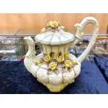 Large Capodimonte Teapot, decorated with yellow roses, measures 14" tall x 16" wide approx.