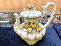 Large Capodimonte Teapot, decorated with yellow roses, measures 14" tall x 16" wide approx.