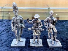 Three Silvered Metal Military Figures, well sculpted and finished, each approx. 4 inches (10cms)