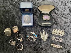 Collection of Silver Items, comprising Amethyst set silver brooch, Scandinavian brooches,