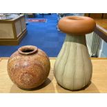 Two Decorative Vases, one 18" Tall with ecru ribbed effect base and rust coloured rolled top,