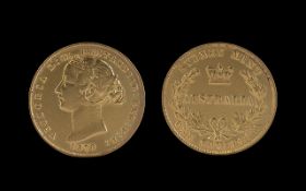 Queen Victoria Australian 22ct Gold Buns Head - Shield Back Full Sovereign. Date 1870. Sydney Mint.