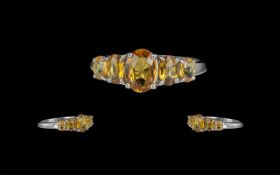 Ladies Attractive 9ct White Gold 5 Stone Citrine Set Ring, full hallmark to interior of shank.