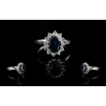 18ct White Gold - Attractive Diamond and Sapphire Set Cluster Ring. Marked 18ct to Shank.