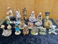 Box of Porcelain & Pottery Figures, including elegant ladies, ballerinas, Egyptian pottery,