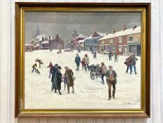 V. Chadwick Large Oil on Board, Signed lower Right. Northern Town Centre Snow Scene.