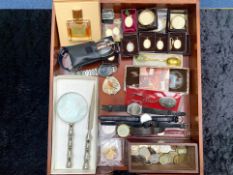 Collectible Tray Containing Base Metal Pendants, tourist spoons, magnifying glasses, wrist watches,