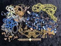 Box of Costume Jewellery, comprising beads, chains, brooches, watches, etc. Good lot for sorting.