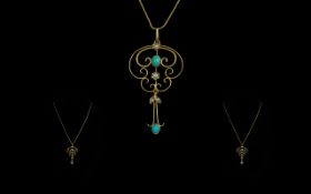 Edwardian Period Attractive 9ct Gold Open Worked Turquoise Set Pendant with Drop,