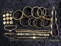 Collection of Rolled Gold Jewellery to include bangles, lockets, necklace, and tie clips.