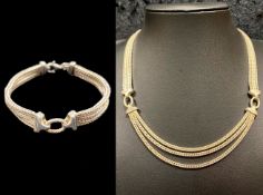 Lovely Silver Necklace & Bracelet Set, unusual triple strand sides with triple centre,