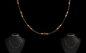 Ladies Attractive 9ct Gold And Red Coral Beaded Necklace/Chain marked 9.375.