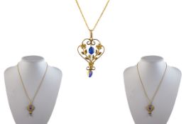Edwardian Period 1902 - 1910 Attractive 9ct Gold Sapphire Set Ornate Pendant Drop with Attached 9ct
