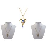 Edwardian Period 1902 - 1910 Attractive 9ct Gold Sapphire Set Ornate Pendant Drop with Attached 9ct