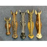 Collection of African Wooden Carved Animal Tribal Masks, for hanging on wall,