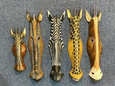 Collection of African Wooden Carved Animal Tribal Masks, for hanging on wall,