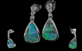 Ladies - 14ct White Gold Designer Pair of Opal Set Earrings. Marked 14ct to Each Earring.