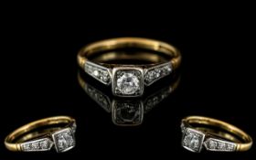 18ct Yellow Gold & Platinum Diamond Set Ring - The Central Diamond Set In A Square Setting, With