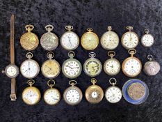 A Collection of Pocket Watches, all as found, spares and repairs, mostly base metal, some silver.