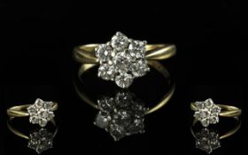 18ct Gold - Attractive Diamond Set Cluster Ring, Flower head Setting. Full Hallmark to Shank. The