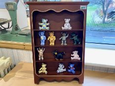 Collection of Small Ceramic & Metal Teddy Bears, complete with a wooden display rack.