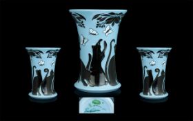 Moorcroft Modern Tube lined Signed Vase ' Cats and Butterflies ' Design. Designer Paul Hilditch.