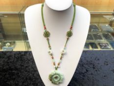 Green Jade Carved Flower Pendant Necklac