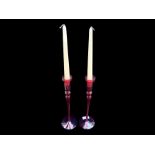 Pair of Tall Red Glass Candlesticks, mea