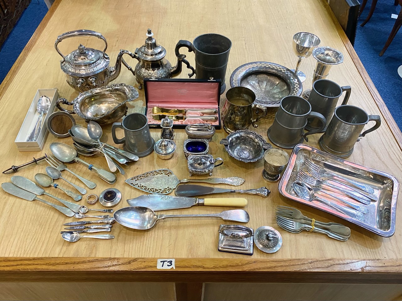 Large Collection of Silver Plated & Pewter Items, comprising tankards, cutlery, sauce pots, teapots,