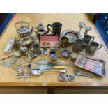 Large Collection of Silver Plated & Pewter Items, comprising tankards, cutlery, sauce pots, teapots,