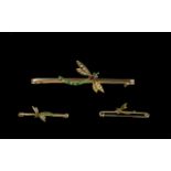 Antique Period - Novelty 15ct Gold Dragonfly Brooch Set with Seed Pearls, Emeralds and Rubies. c.