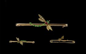 Antique Period - Novelty 15ct Gold Dragonfly Brooch Set with Seed Pearls, Emeralds and Rubies. c.