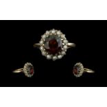 Antique Period Attractive 9ct Gold Garnet and Seed Pearl Set Cluster Ring, c1880-1900,